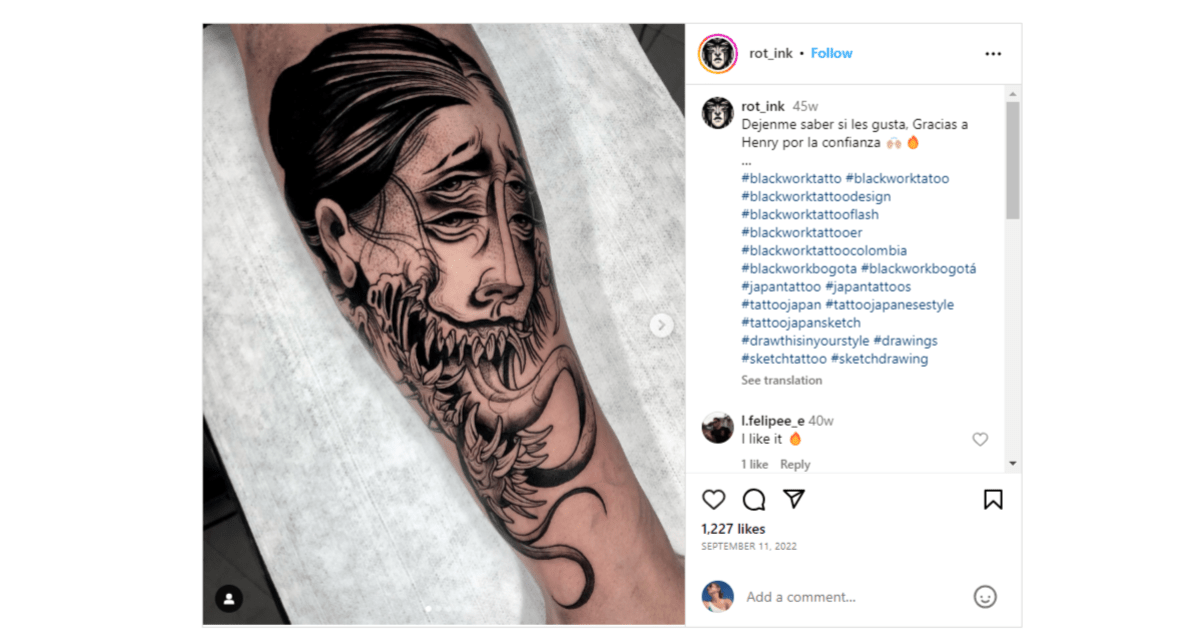@rot_ink blackwork tattoo From the Instagram page of @rot_ink we see a blackwork drawing of a woman’s face. She has four eyes and her mouth has split open to reveal a mouth full of fangs and a long serpent-long tongue.