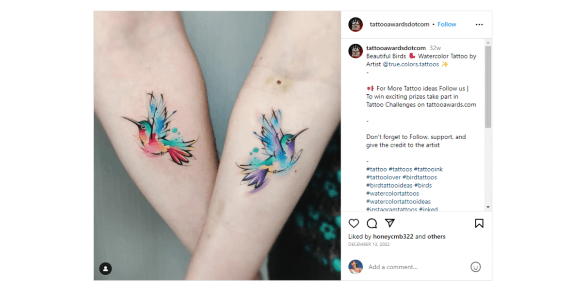 @tattooawardsdotcom watercolor tattoo From the Instagram page of @tattooawardsdotcom. We see side-by-side forearm tattoos of tropical birds done in watercolor.
