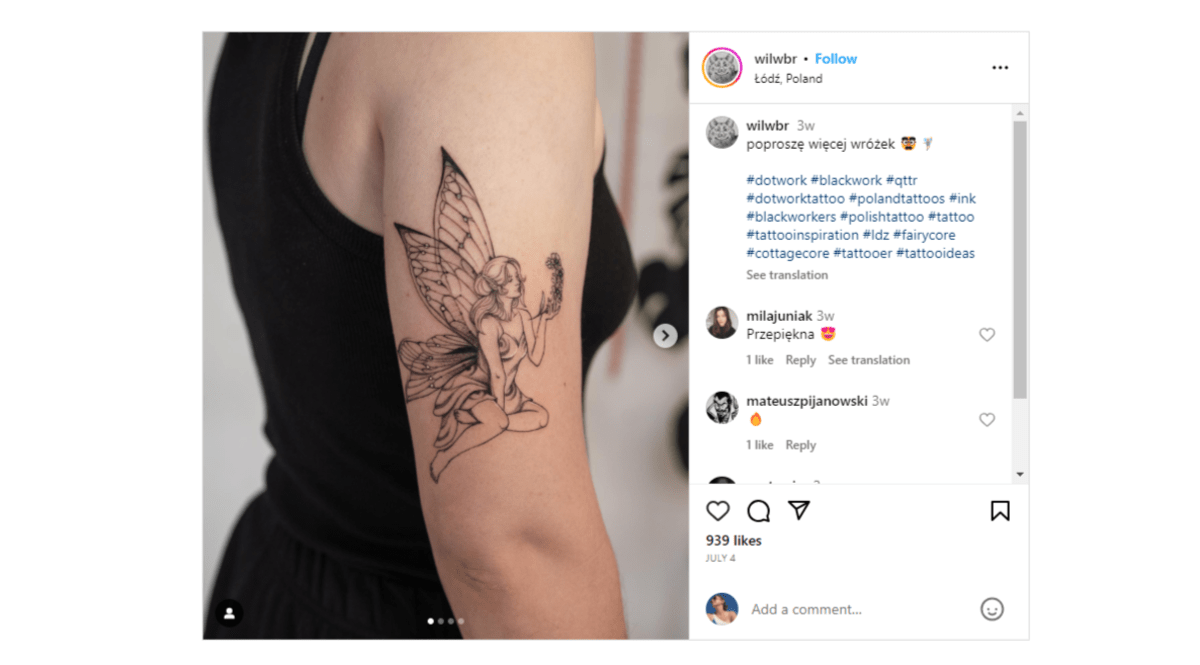 @wilwbr blackwork tattoo From the Instagram page of @wilwbr. The tattoo is a fairy done in all black ink.