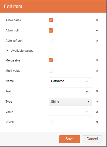 An Add New Item dialog. The Allow Null checkbox is checked and the Name textbox holds the text CatName. There is a Save button at the bottom of the dialog.