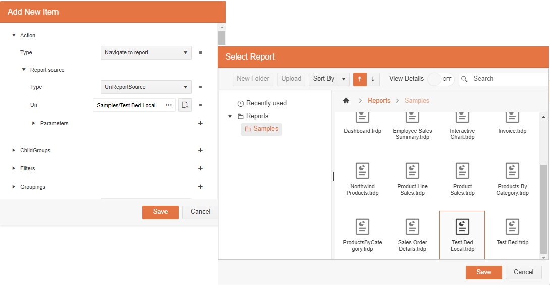 Two dialog boxes. One is another Add New Item dialog. In this dialog, the Action section at the top has been expanded. In that section, the Type dropdown list has been set to Navigate to Report. Under that, the Report source section has been expanded. In that section, the Type dropdown list has been set to UriReportSource. Below that, the Uri textbox is set to Samples/Test Bed Local which is the name of a report. To the right of the dialog is another dialog showing a set of icons for report. In that dialog, the icon for Test Bed Local.trdp has been selected. Below that textbox is a section named Parameters.