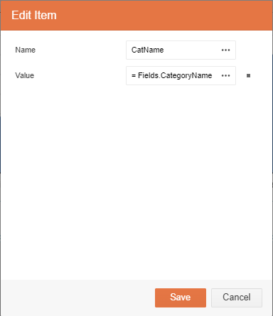 Another Add New Item dialog. In this dialog, the Name textbox is set to CatName and the Expression textbox is set to =Fields.CategoryName.