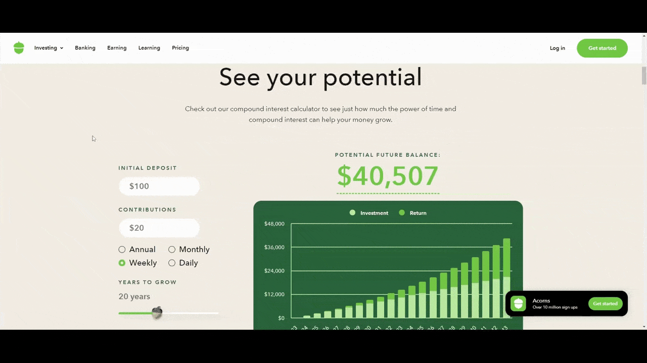 Acorns interest calculator On the home page of the Acorns website is a calculator that shows people their potential future balance. They enter an initial deposit amount (like $500), contributions (like $50), the rate of contribution (like monthly or weekly), the number of years to grow (like 30), as well as the average annual return (like 6%). The chart on the right is interactive and shows them how their investment will grow over time as well as what portion of that investment is interest.