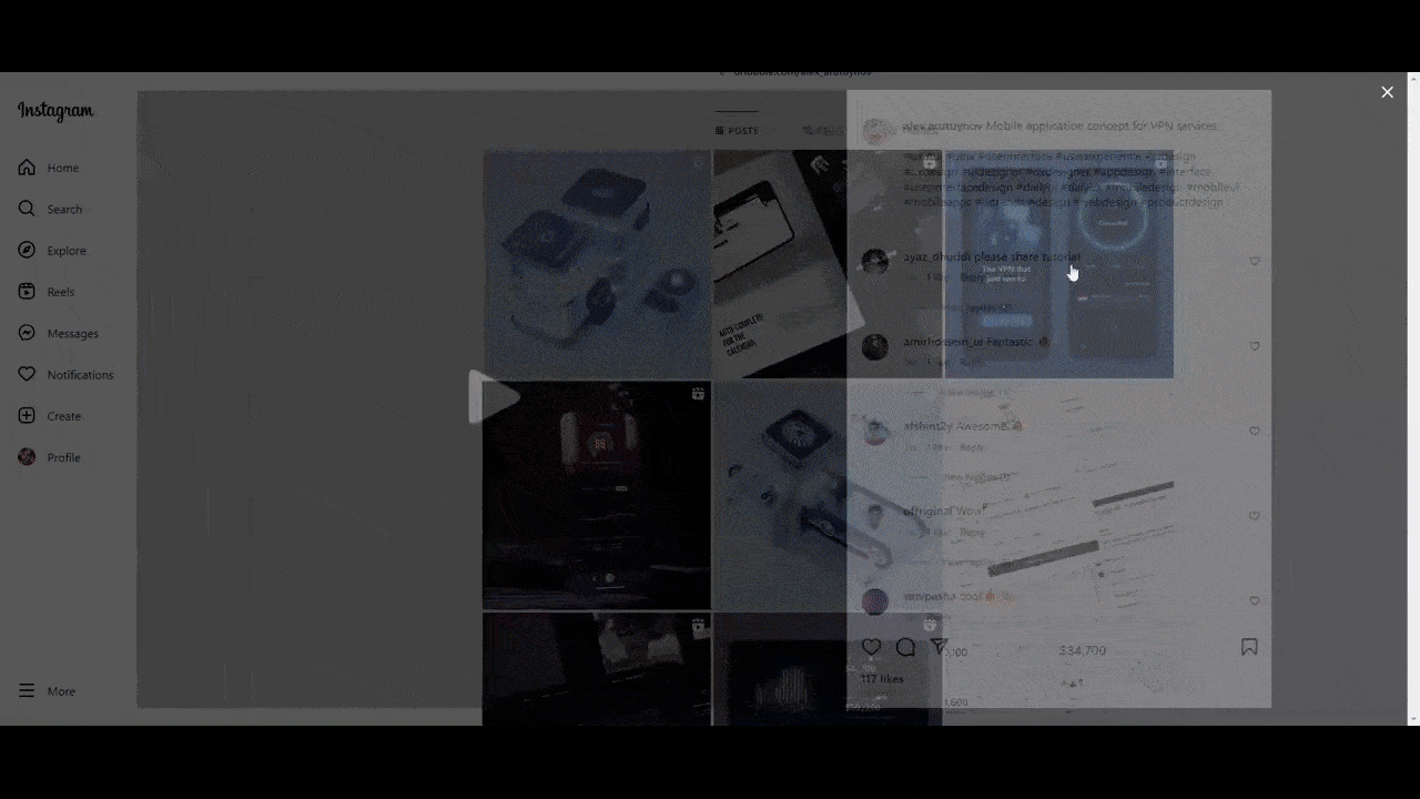 @alex.arutuynov Instagram post A GIF shows a post uploaded to the @alex.arutuynov Instagram account. It’s a sample of a VPN mobile app. The design is dark and sleek, with neon animations that draw attention to key elements.