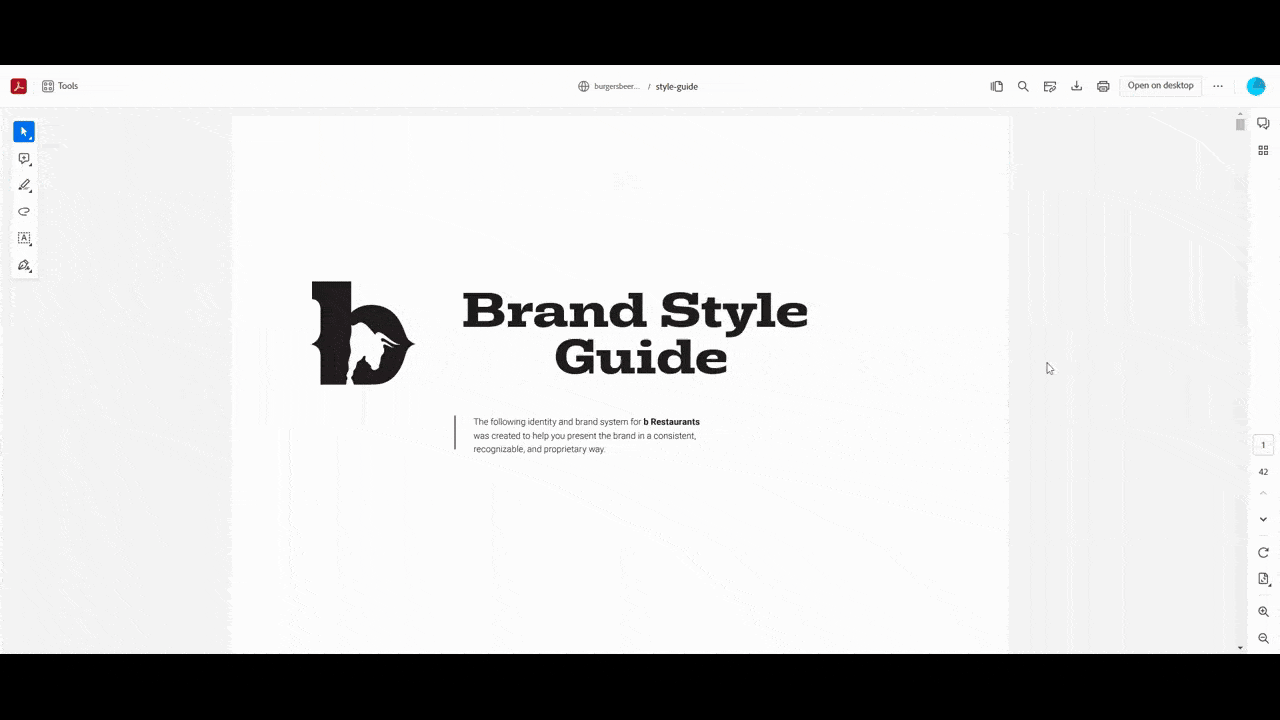 b Restaurants style guide A GIF shows the PDF style guide for b Restaurants. It includes information on the brand, its print visual guidelines, its digital visual guidelines, as well as tons of examples on how to put them to use.