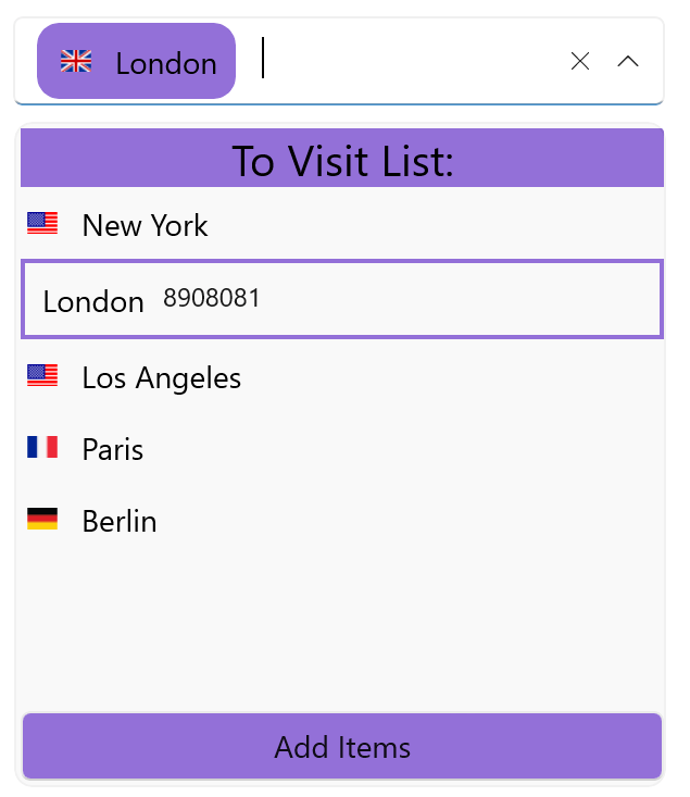 London is selected, and its population is shown