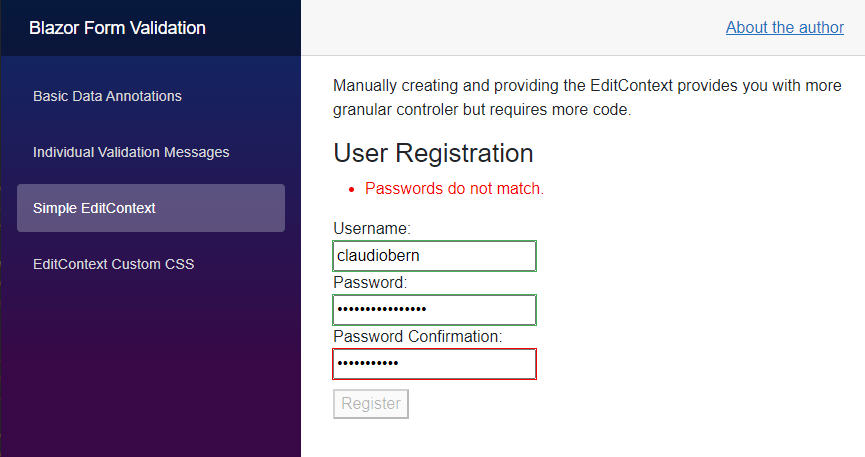 Blazor Form Validation: Custom Validation Error A website with a form consisting of three input fields for the username, a password, and a password confirmation. The password field and password confirmation fields contain different values and, therefore, the custom validation message is shown.