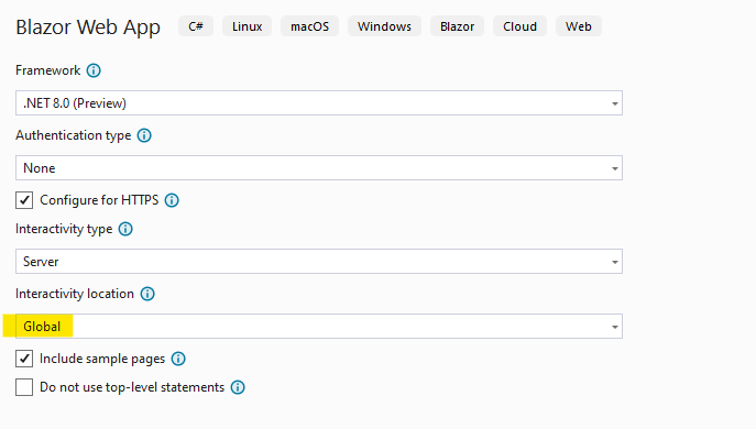 Global Interactivity New project template in Visual Studio showing options to enable global interactivity for Blazor components