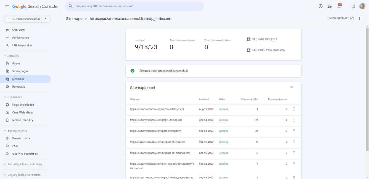 GSC Sitemap An example of what a successfully submitted sitemap looks like in Google Search Console. The link to the XML sitemap is at the top. Below are all the sitemaps included in the file along with how many URLs were detected and how many videos were on each page.