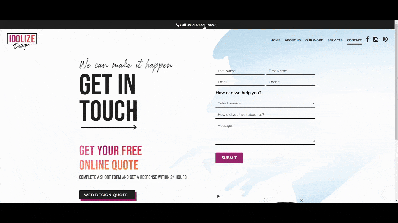 Idolize Design prospect questionnaire The Contact page for Idolize Design offers leads three quote forms: Web Design, Graphic Design, Logo Design. Each links out to a Google Doc where they can fill out the prospect questionnaire. They’re asked questions about their business, website, budget, timeline, and more.