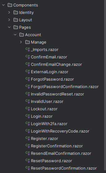 Auth out of the box Screenshot of a Blazor project solution including several Razor components for handling auth, including login, and registration components