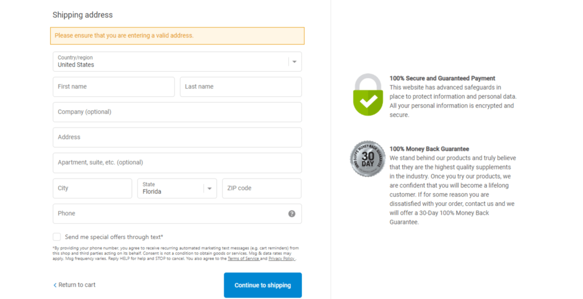 Inno Supps security checkout On the checkout page for Inno Supps, there are two statements included next to the checkout form. One has a lock and green checkmark over it. The statement says “100% Secure and Guaranteed Payment”. Below it is a seal that says “Inno Supps Money-Back Guarantee”.