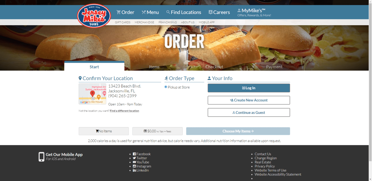 Jersey Mike’s guest checkout On the Jersey Mike’s Order and checkout page, the first step customers have to take is to Log In, Create New Account, or Continue as Guest.