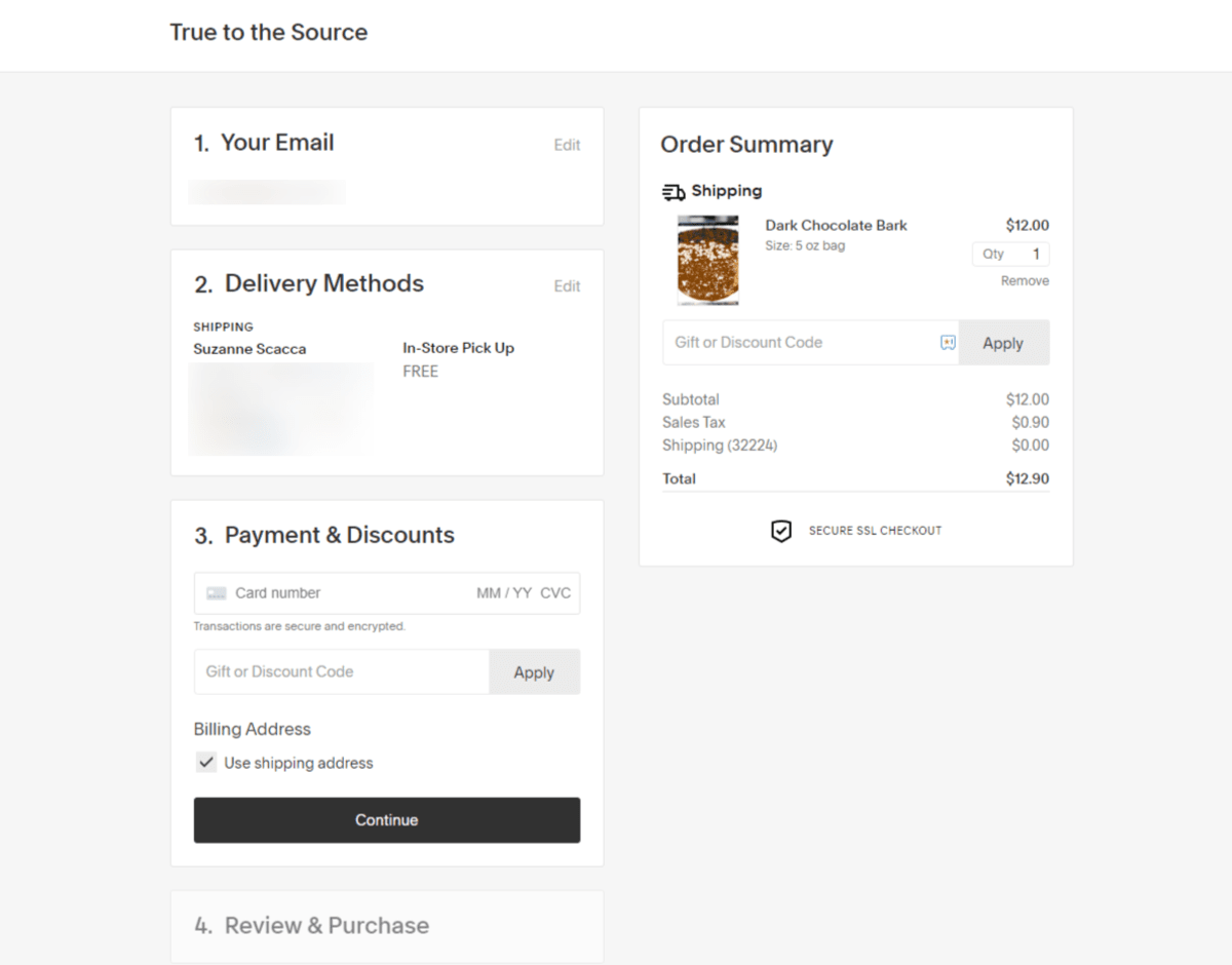 Makenu Chocolate checkout form The checkout form for Makenu Chocolate keeps things simple. On the right is the order summary. On the left is the checkout process. Step 1 is to enter your email. Step 2 is to enter your shipping address and choose a delivery method (pick up or delivery). Step 3 is to enter payment info and discount code. Step 4 is to review and purchase.