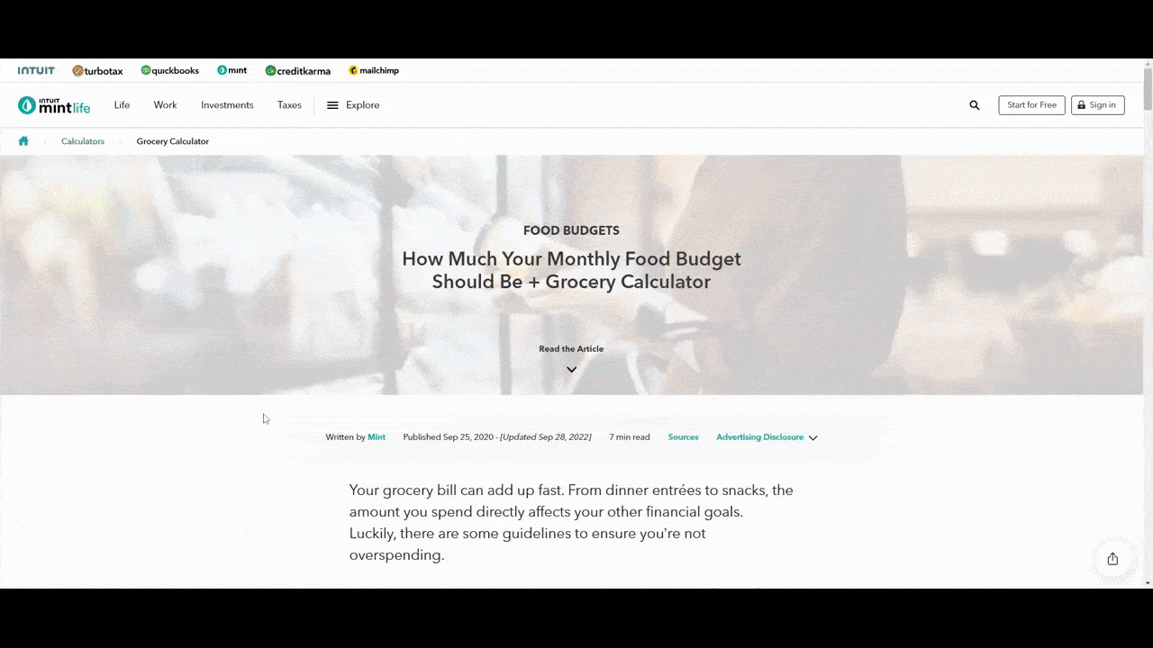 Mint grocery budget calculator The Grocery Budget Calculator included in Mint’s blog post allows users to customize it for their specific household. They choose how many people are in their household. Then they enter the person’s age, how often they eat out, as well as any special dietary needs. The calculator then determines the estimated monthly budget. The user can choose between Thrifty, Cost-Conscious, Moderate, and Generous spending.
