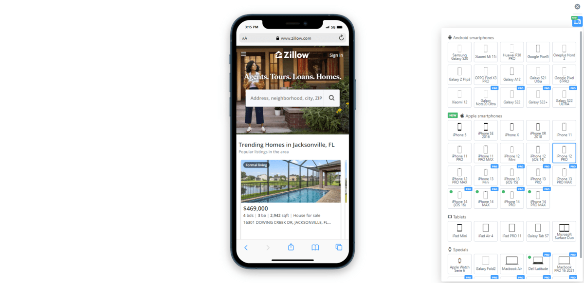 When the Mobile Simulator browser extension is installed, users can click the extension at the top of their browser to see this responsive testing tool. It will take the place of whatever website they’re viewing. In this case, it’s Zillow. They can select from different types of Android smartphones, Apple smartphones, tablets and other smart device screen sizes.