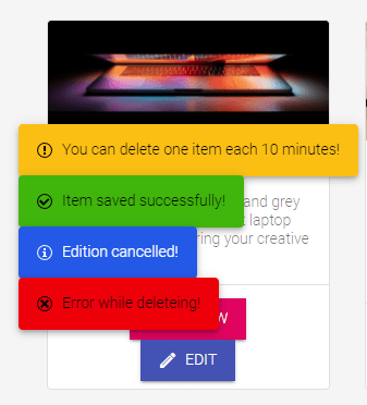 Notification styles: Warning alert in yellow with exclamation point. Success in green with checkmark. Info in blue with ‘i’ information icon. Error in red with X.