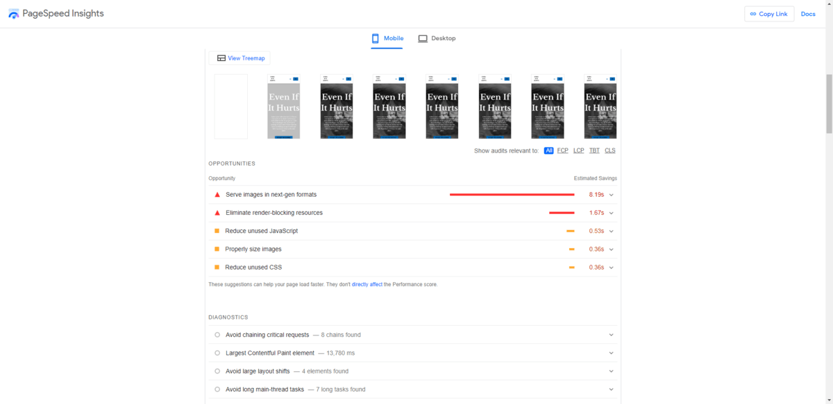 PageSpeed Insights recommendations A screenshot from PageSpeed Insight’s Performance analysis. Here users will see a list of Opportunities to improve their loading speed, like serving images in next-gen formats, eliminating render-blocking resources, reducing unused JavaScript, and more.