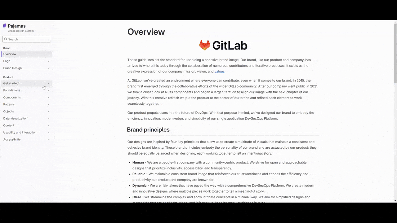 Pajamas design system The design system for GitLab is called Pajamas. This online resource includes a section for the brand’s visual guidelines at the top. At the bottom is where the main part of the design system lives. It includes areas for Foundations, Components, Patterns, Objects, Data visualization, Content, Usability and interaction, and Accessibility.