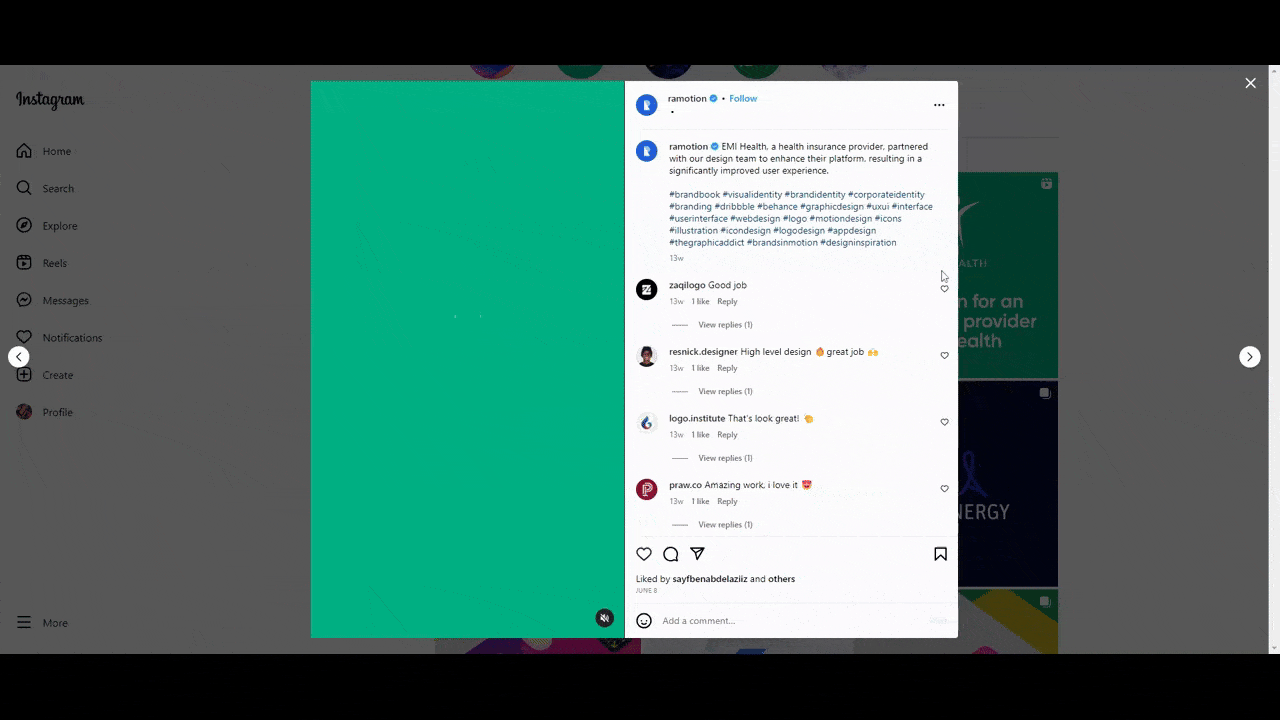 @ramotion Instagram post A GIF shows a recent video post uploaded to the @ramotion Instagram account. The video is a portfolio reel of the work the agency did for EMI Health’s mobile app.