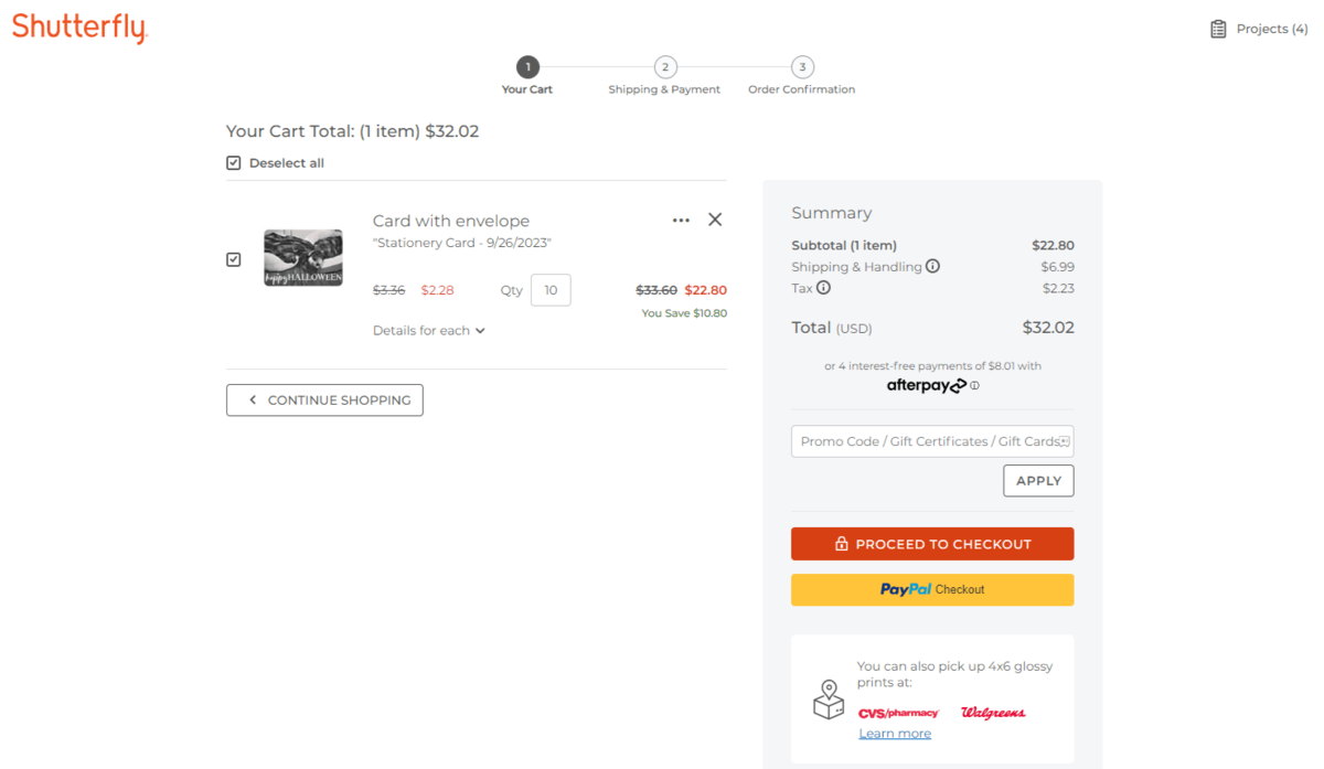 Shutterfly shopping cart costs At checkout, Shutterfly customers will see estimated charges for shipping & handling based on their existing profile. And based on them selecting the economy shipping option. In this case, the purchase subtotal is $22.80, the Shipping & Handling fee is $6.99, and the Tax is $2.23.