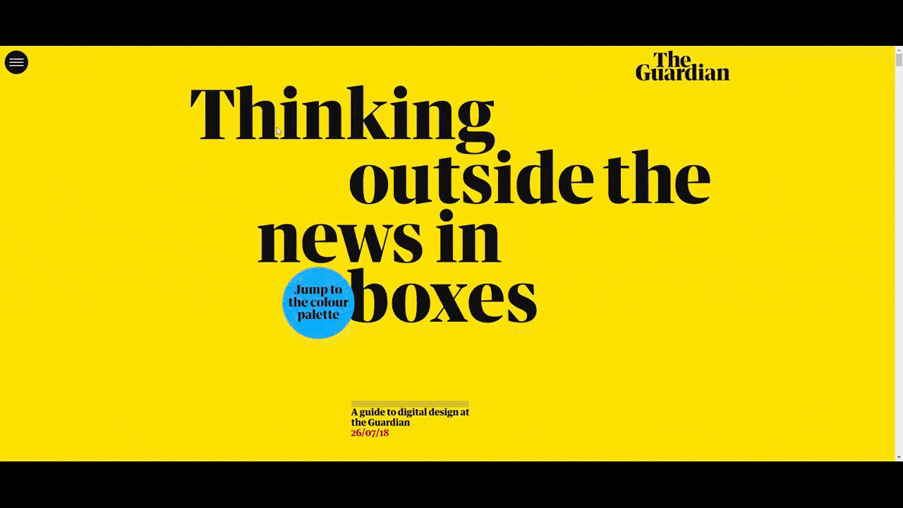 The Guardian style guide A GIF depicting the first few sections of The Guardian’s visual style guide. It shows how each bit of information about the website’s structure and branding is revealed as the user scrolls down the page through the various sections: Introduction, Grids & spacing, Brand use, Typography, Colour palette, and Graphic elements.