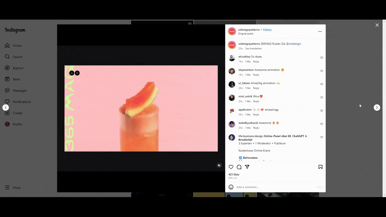 @uidesignpatterns Instagram post A GIF shows a collection of posts uploaded to the @uidesignpatterns account on Instagram. We see a wide variety of projects aggregated from other web and app designers. Some are static screenshots of landing pages while others are video walk-throughs of the digital products.