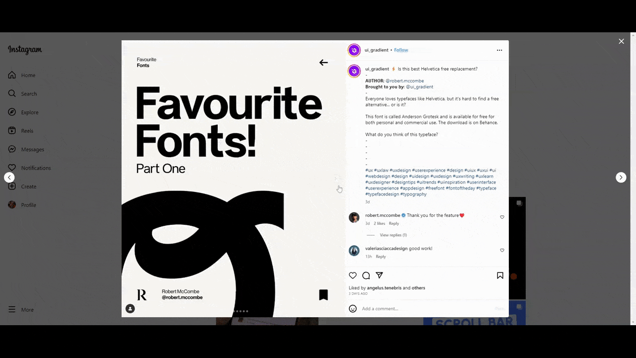 @ui_gradient Instagram post A GIF shows a recent slider post uploaded to the @ui_gradient Instagram account. The entire post is dedicated to introducing users to a free Helvetica font alternative called Anderson Grotesk.