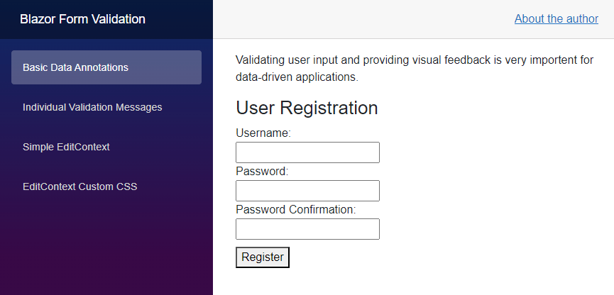 Blazor Form Validation: A Form with 3 Fields A website with a form consisting of three input fields for the username, a password, and a password confirmation.