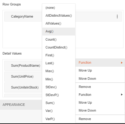 The Details Value section showing the three field tiles. A floating menu with a Function submenu as its top choice is on top of the titles. The Function submenu is also displayed showing a list of functions beginning with an entry labelled none and followed by other function names like AllDistinctValues, AllValues, Avg, Count, CountDistinct, and more.