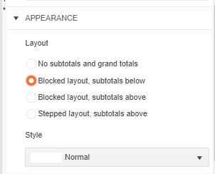 The Appearance section from further down in the Configure Crosstab panel. The second choice, labelled Blocked layout, subtotals below is selected.