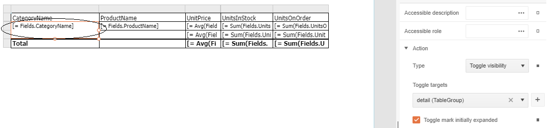 A screenshot of the report designer with the panel on the right. The report designer has a crosstab displayed. The first row of the crosstab consists of headings and the first column has the heading CategoryName. The second row begins with a large textbox with the formula = Fields.CategoryName. That textbox is circled. The panel on the right shows an area called Action. That section has been expanded to display a dropdown list labeled Type. The dropdown list has been set to Toggle Visibility. Below that is the label Toggle targets which has a dropdown list containing the text “detail (Table Group)”. To the right of this dropdown list is a plus sign.