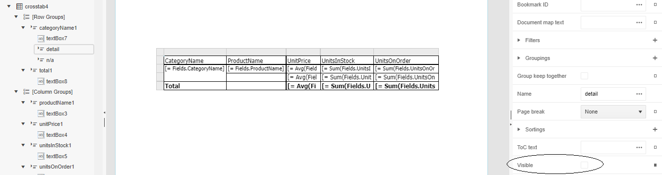 The report designer with the crosstab in the designer window. In the panel on the left, the Explorer tab is selected showing a treeview of the report’s components. A node labelled crosstab4 is expanded, underneath it the Row Groups node is expanded and underneath it the detail node is selected. In the panel on the right of the designer, a checkbox at the bottom of the panel labeled Visible is unchecked -the empty checkbox is circled