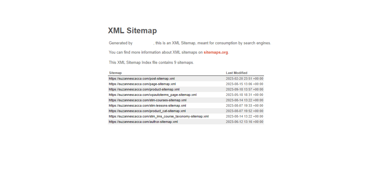 Example of XML sitemap An XML Sitemap example. At the top of the page, it says that this sitemap is “meant for consumption by search engines.” The file contains 9 sitemaps within it for post, page, product, terms of service, courses, lessons, product categories, course taxonomy, and author.