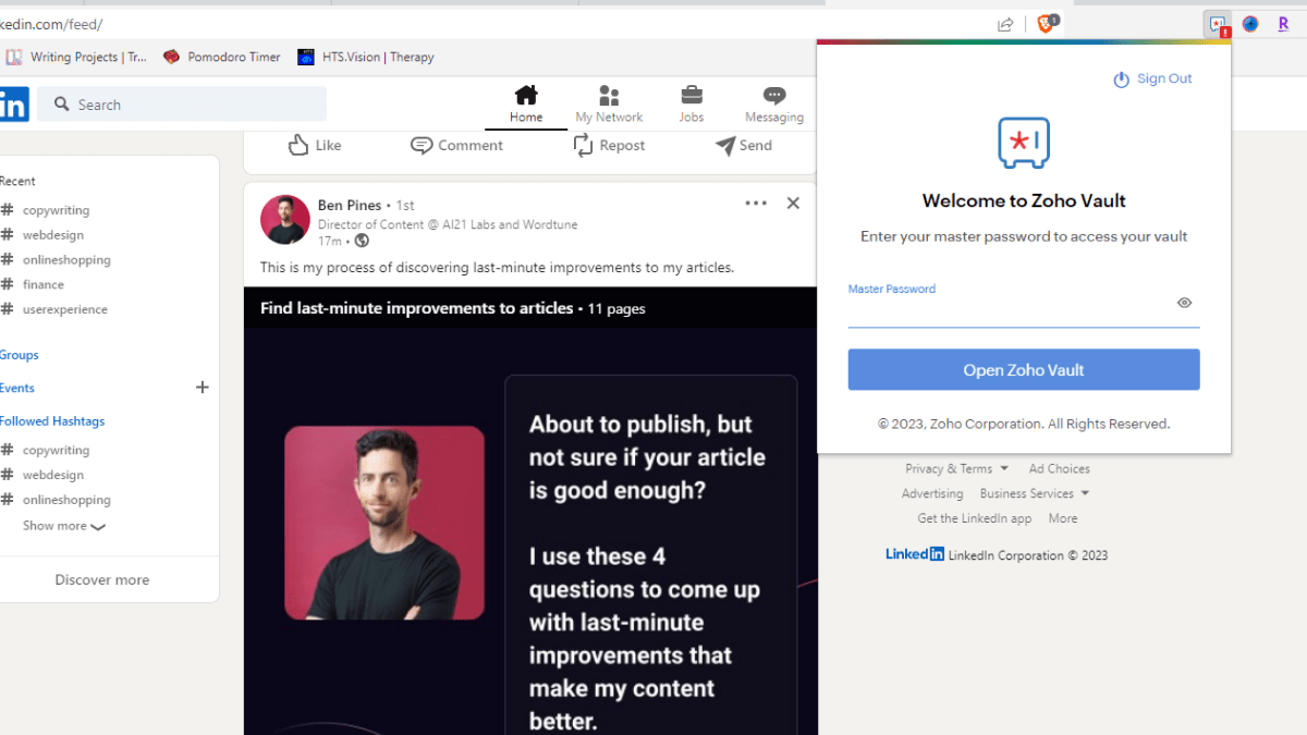 The Zoho Vault browser extension works in Chrome and Brave. The user enters their master password in order to access their vault of securely stored passwords.