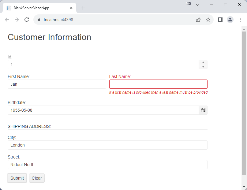 A form with a first name and last name text boxes. The first name textbox has “Jan” in it but the last name textbox is empty. The last name textbox is highlighted in red and has the message “If a first name is provided then a last name must be provided”