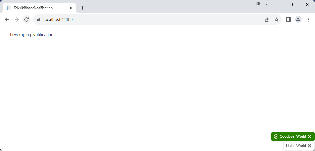 A plain white web page but in the lower right corner are two boxes stacked on top of each other: The bottom box says “Hello, World” and the top box says “Goodbye, World”