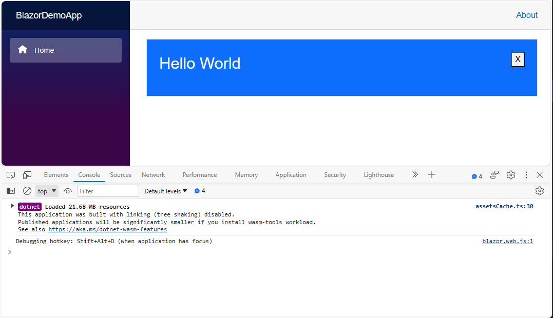 Blazor WASM Demo Blazor site showing the same banner component as before, this time the dev tools show that Blazor WASM has loaded