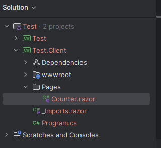 Project Solution Solution folder showing two projects, server and client