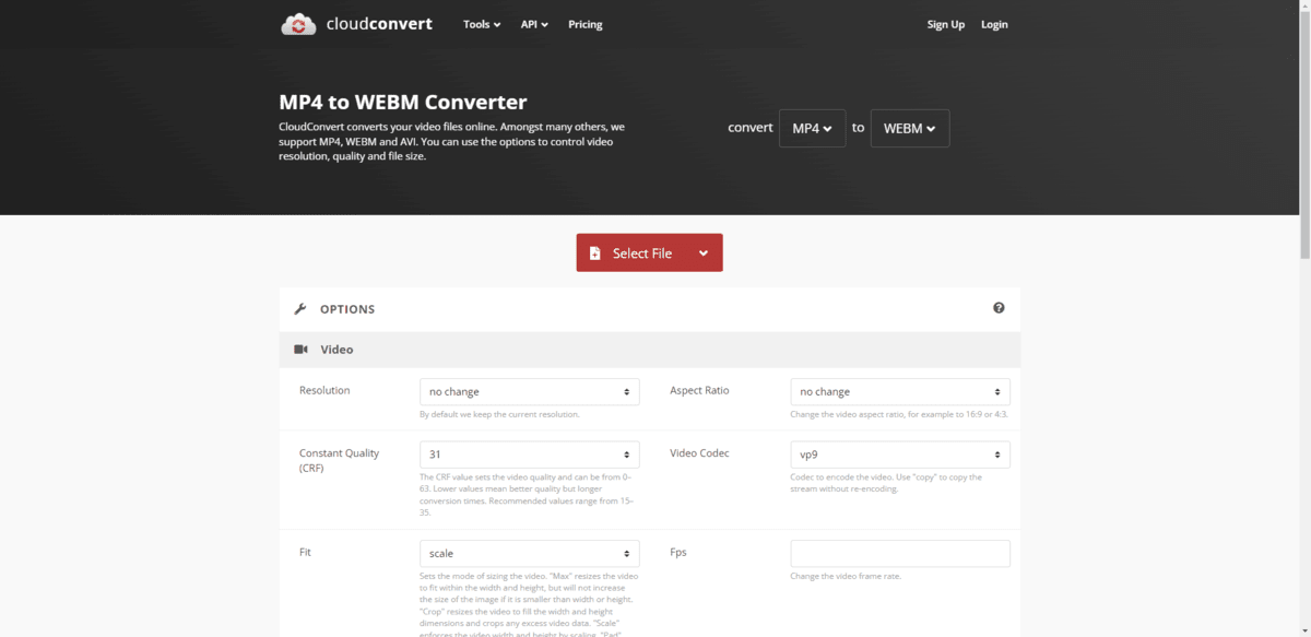 CloudConvert Designers can use CloudConvert to convert their video files from formats like MP4 to WebM. They can make further modifications to the video in terms of resolution, aspect ratio, audio, watermark, and more.
