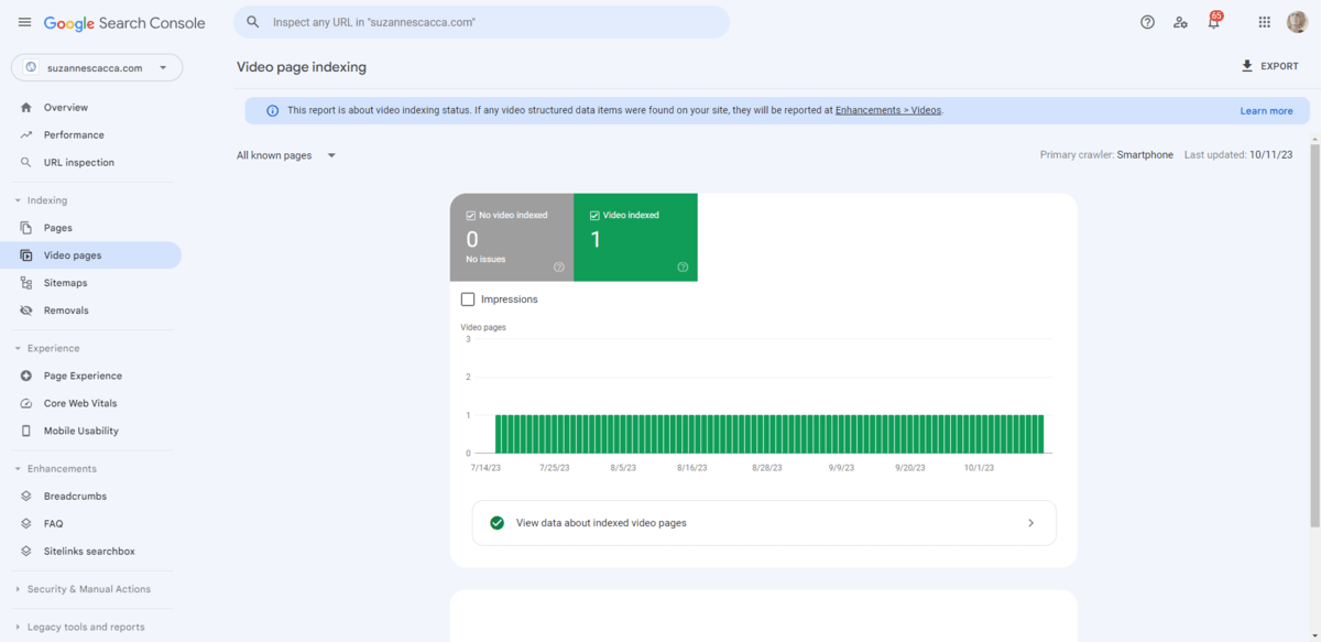 Google Search Console video page indexing A screenshot from inside of Google Search Console. This is the Video page indexing section that shows how many video pages have been identified, indexed, and are now ranking in search results.