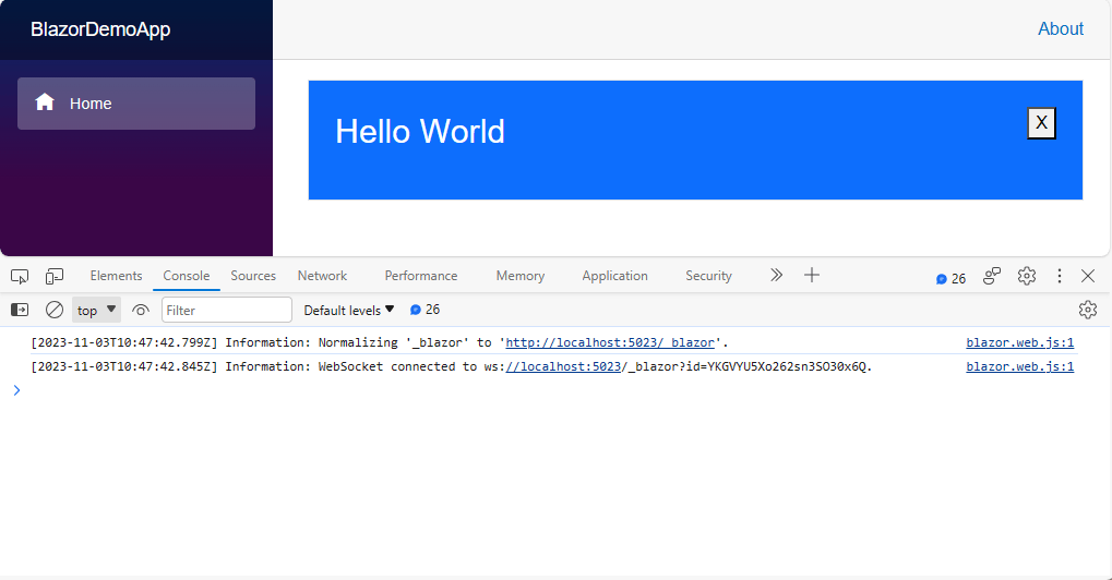 Interactive Server Banner The Blazor site showing a simple Hello World banner. This time the banner has an X button which can be used to dismiss it. The Dev tools show that a socket connection was opened to the server