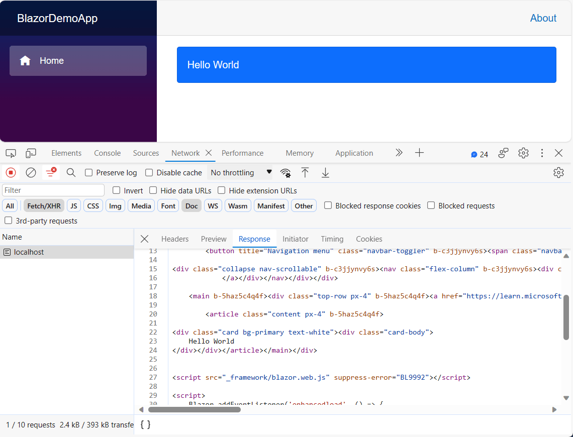 Blazor static-server side rendering Blazor app showing simple blue banner with the text Hello World. The browser dev tools show a single request to localhost, and the resulting response which includes all the HTML for the page being displayed
