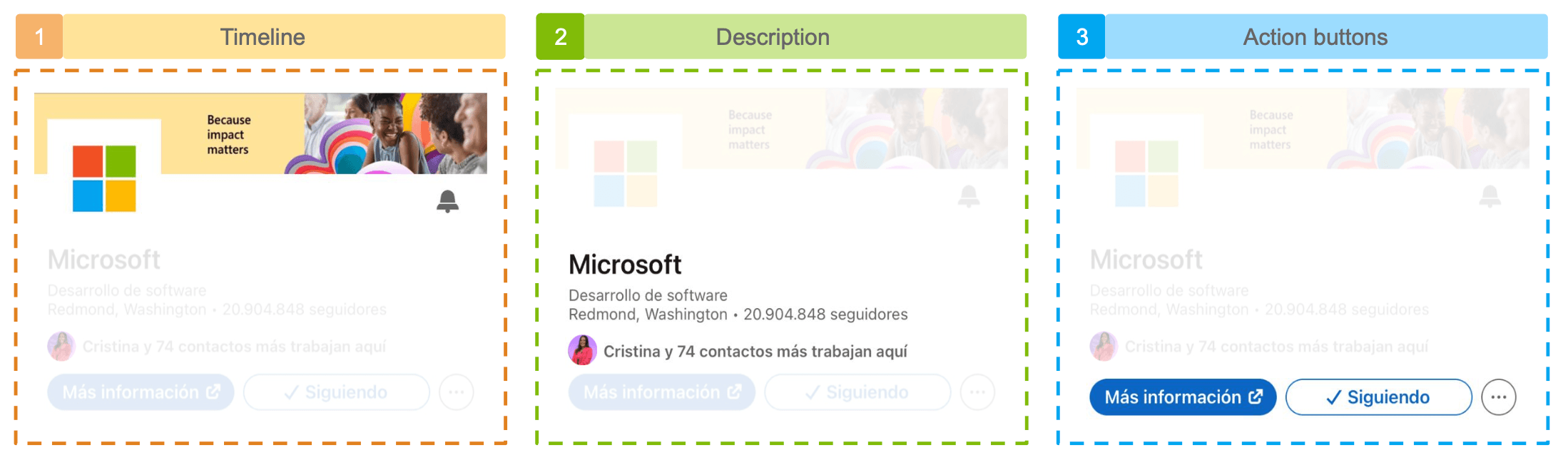 1. Timeline, highlighting the header image, the profile image, and the bell. 2. Description, highlighting user name, short description, location, followers, mutual friends. 3. Action buttons, highlighting more information and connect.