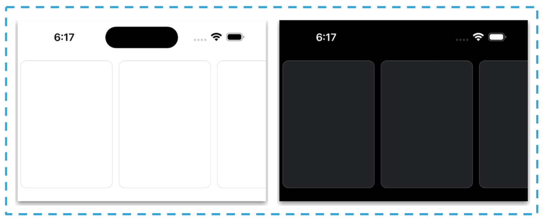 Space for three recommended cards. Light mode and dark mode both shown.