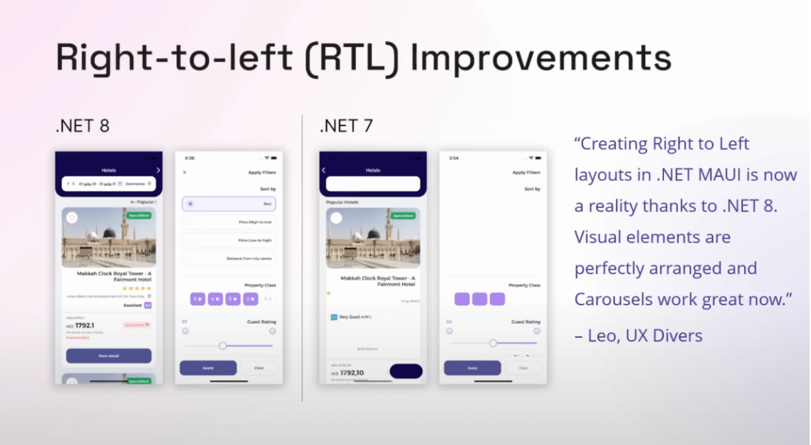 Right-to-left RTL Improvements Right-to-left (RTL) Improvements: 'Creating right to left layouts in .NET MAUI is now a reality thanks to .NET 8. Visual elements are perfectly arranged and carousels work great now.' – Leo, UX Divers