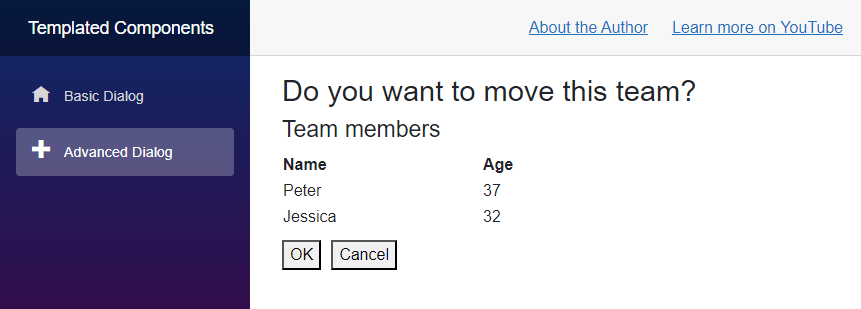 Blazor Template Components: Advanced Dialog Example A Blazor application with a templated dialog component. It contains a title, an advanced Body section containing a table with all team members, and two buttons: OK, and Cancel.