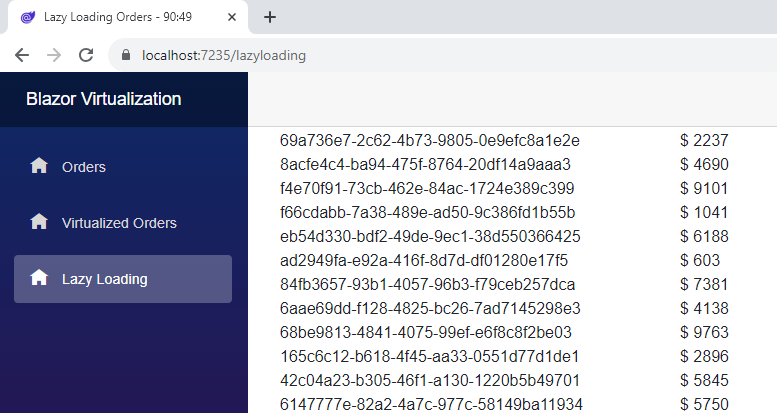 Blazor Component Virtualization: Lazy Loading items A website with order items with an id and an amount. In the page title the startIndex and count is displayed to demonstrate the lazy-loading effect. Showing 90:49.