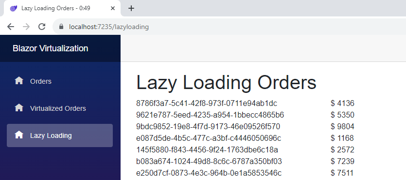 Blazor Component Virtualization: Lazy Loading items A website with order items with an id and an amount. In the page title the startIndex and count is displayed to demonstrate the lazy-loading effect. Showing 0:49.