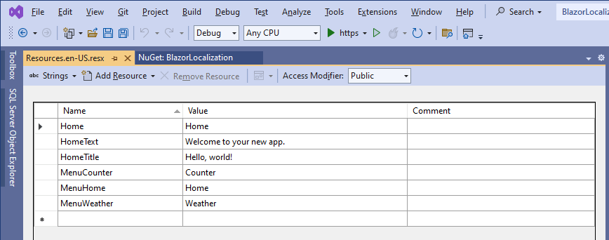 Visual Studio: Resources.en-US.resx Visual Studio with the English resources file opened.